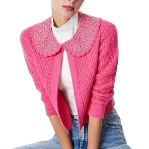 Alice + Olivia Akira Cropped Embellished Pink Tinsel Waffleknit Cardigan Medium